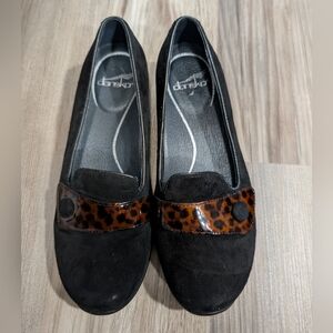 Dansko Black Suede Flats with Leopard Accent